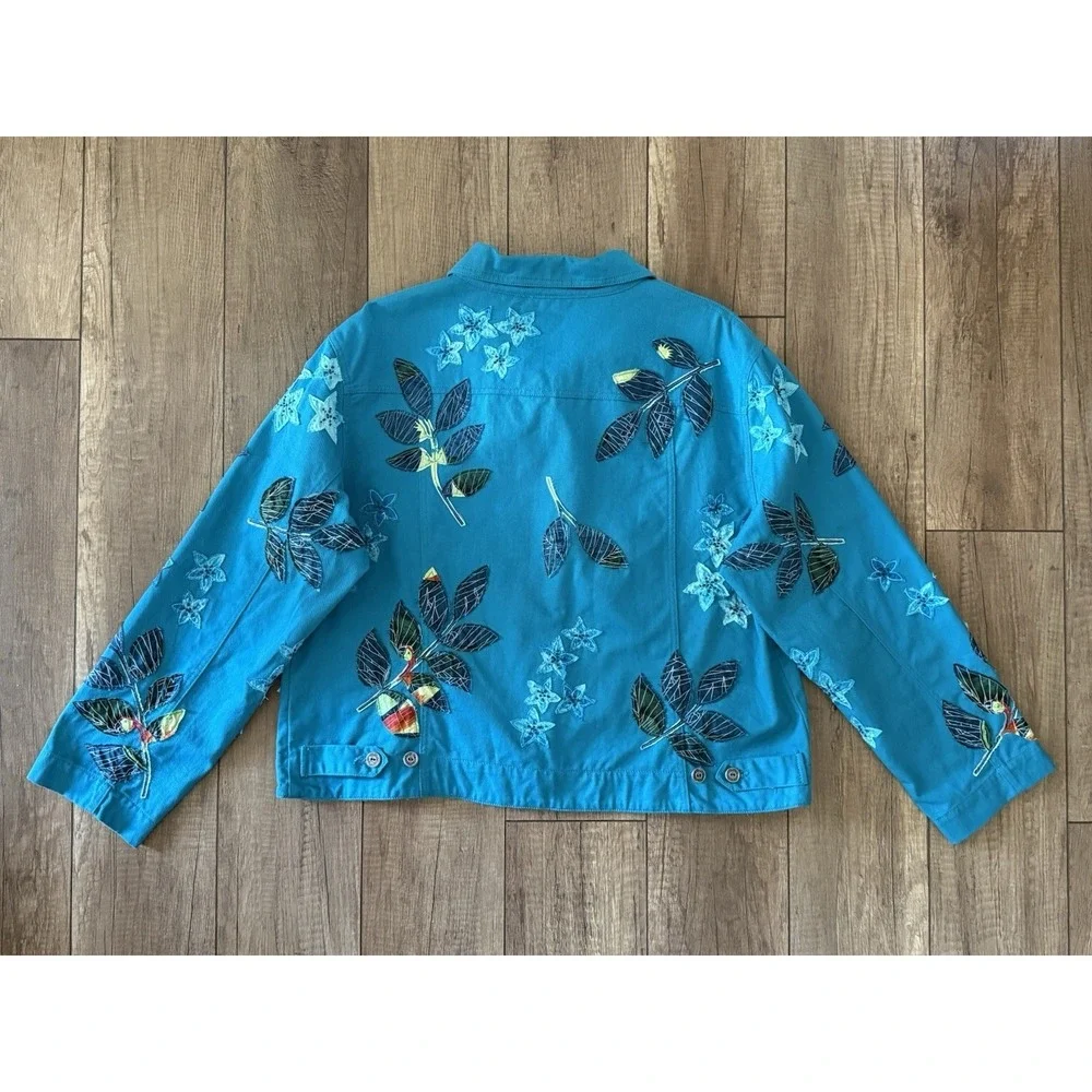 Chicos Teal Tropical/Leaf/Parrot Applique/Beaded Denim Jacket Sz 3 (XL-16) Artsy